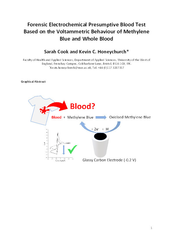 Forensic electrochemical presumptive blood test based on the voltammetric behaviour of methylene blue and whole blood Thumbnail