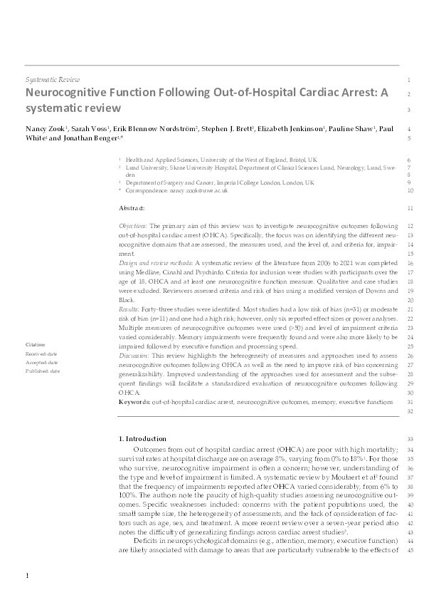 Neurocognitive function following out-of-hospital cardiac arrest: A systematic review Thumbnail