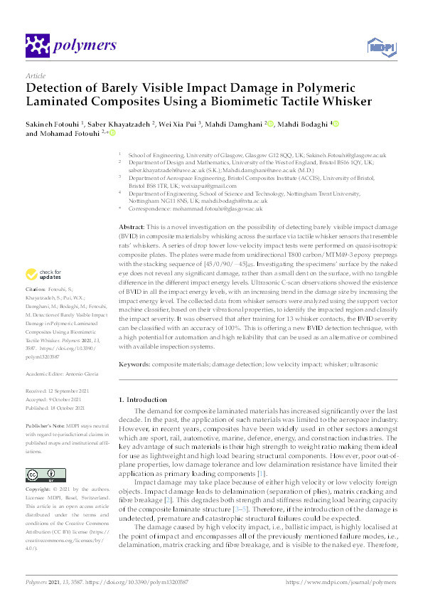 Detection of barely visible impact damage in polymeric laminated composites using a biomimetic tactile whisker Thumbnail