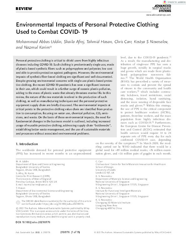 Environmental impacts of personal protective clothing used to combat COVID-19 Thumbnail