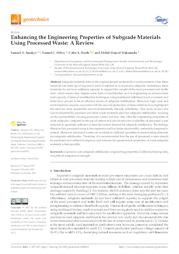 Enhancing the engineering properties of subgrade materials using processed waste: A review Thumbnail