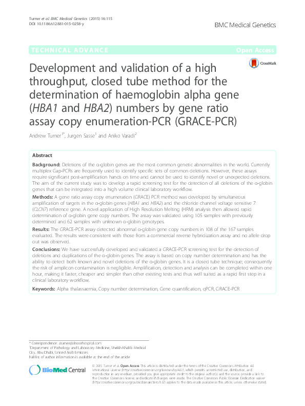 Development and validation of a high throughput, closed tube method for the determination of haemoglobin alpha gene (HBA1 and HBA2) numbers by gene ratio assay copy enumeration-PCR (GRACE-PCR) Thumbnail