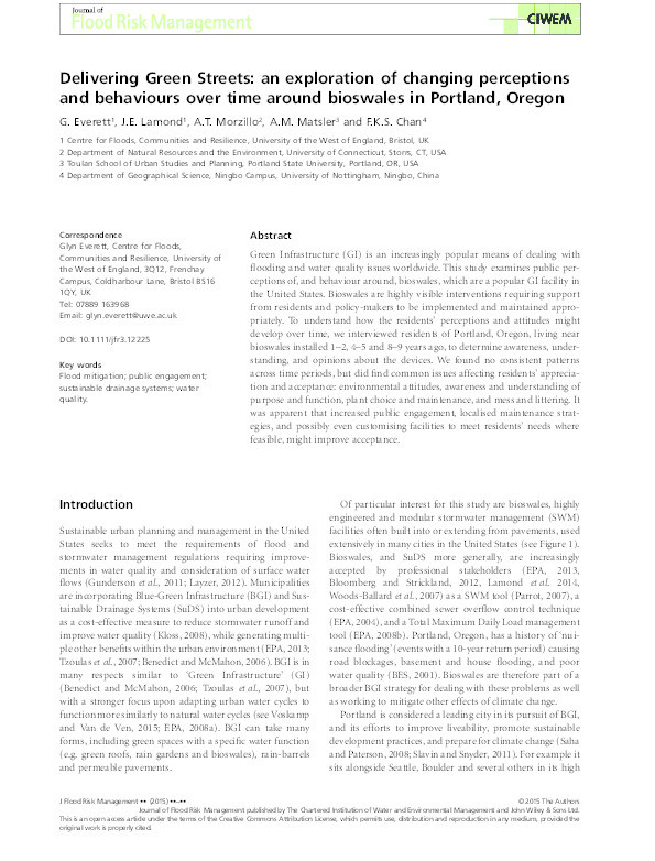 Delivering green streets: An exploration of changing perceptions and behaviours over time around bioswales in Portland, Oregon Thumbnail