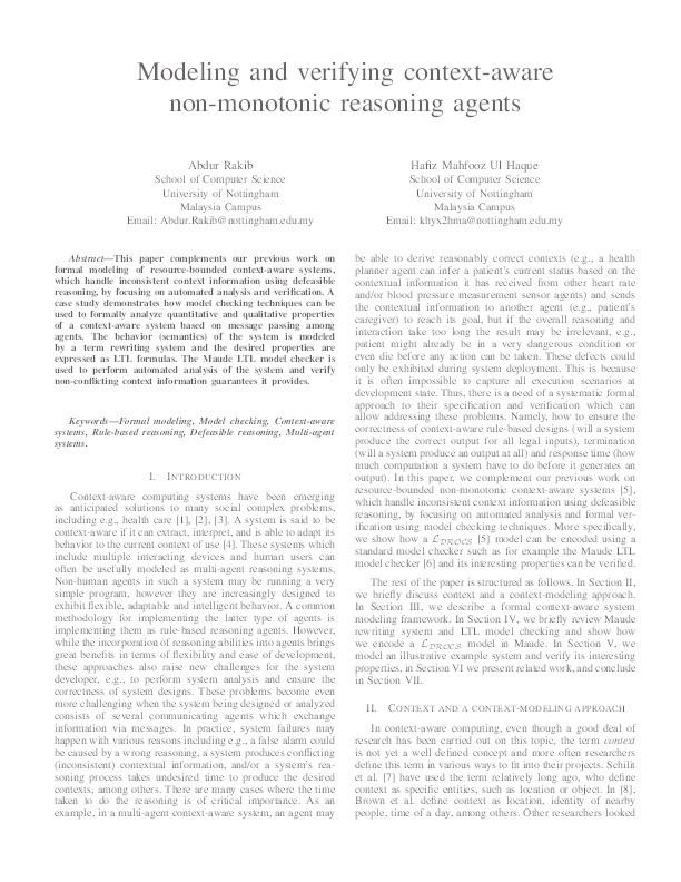 Modeling and verifying context-aware non-monotonic reasoning agents Thumbnail