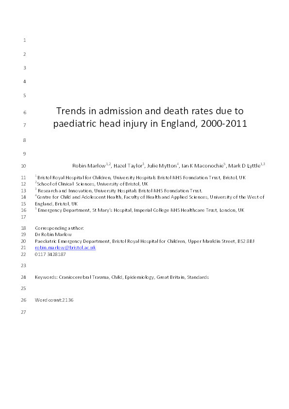 Trends in admission and death rates due to paediatric head injury in England, 2000-2011 Thumbnail