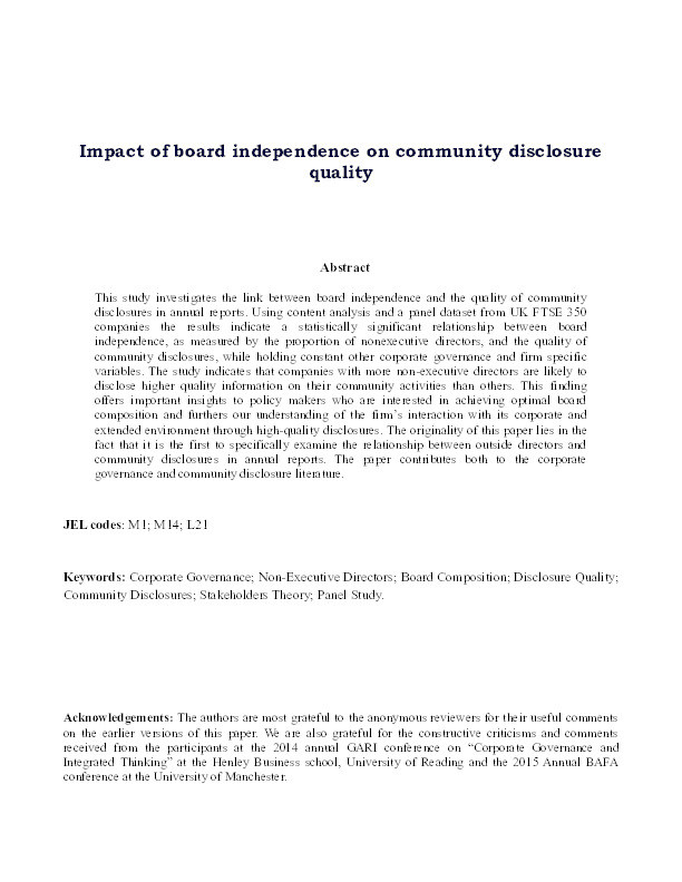 Impact of board independence on the quality of community disclosures in annual reports Thumbnail