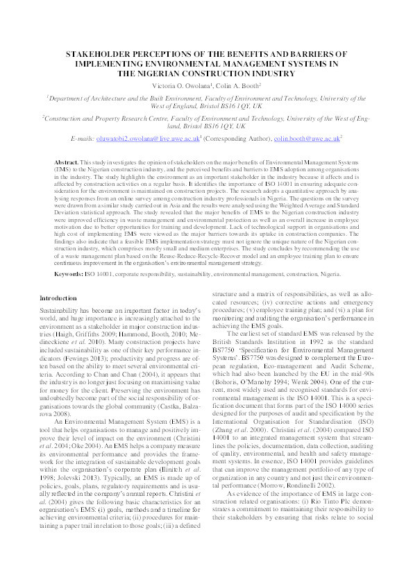 Stakeholder perceptions of the benefits and barriers of implementing environmental management systems in the Nigerian construction industry Thumbnail