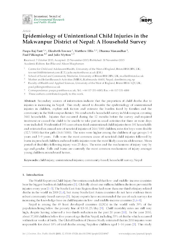 Epidemiology of unintentional child injuries in the makwanpur district of Nepal: A household survey Thumbnail