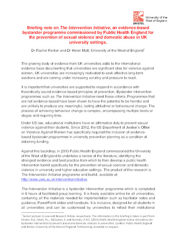 Briefing note on The Intervention Initiative, an evidence-based bystander programme commissioned by Public Health England for the prevention of sexual violence and domestic abuse in UK university settings Thumbnail
