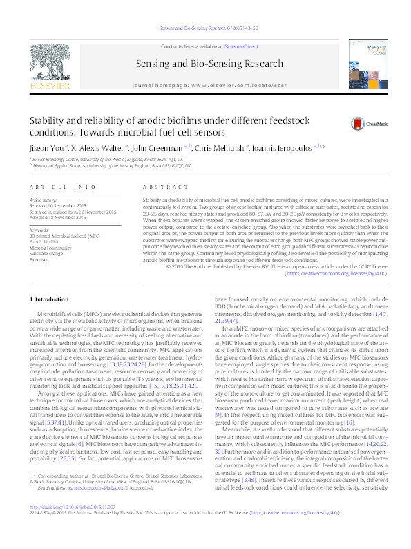 Stability and reliability of anodic biofilms under different feedstock conditions: Towards microbial fuel cell sensors Thumbnail