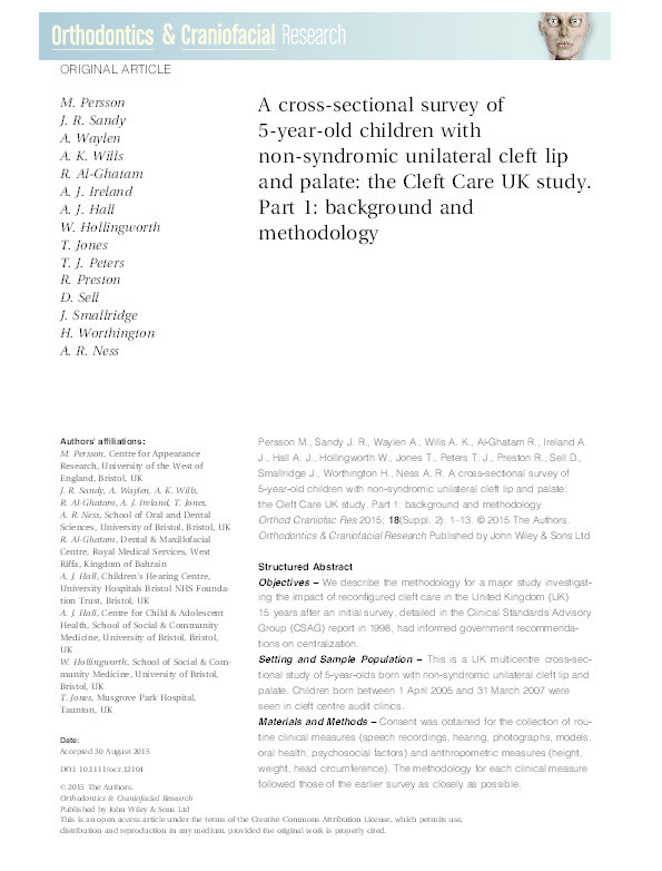 A cross-sectional survey of 5-year-old children with non-syndromic unilateral cleft lip and palate: The Cleft Care UK study. Part 1: Background and methodology Thumbnail
