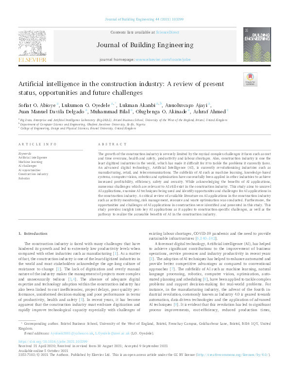 Artificial intelligence in the construction industry: A review of present status, opportunities and future challenges Thumbnail