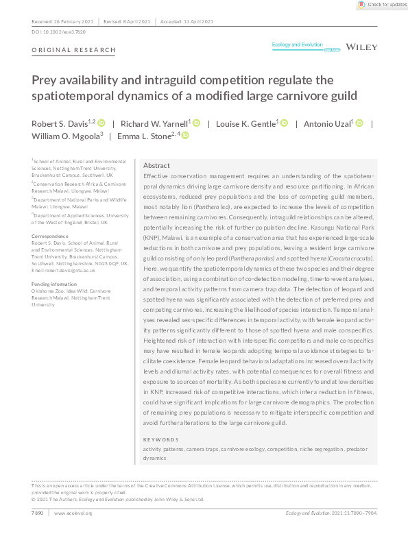 Prey availability and intraguild competition regulate the spatiotemporal dynamics of a modified large carnivore guild Thumbnail