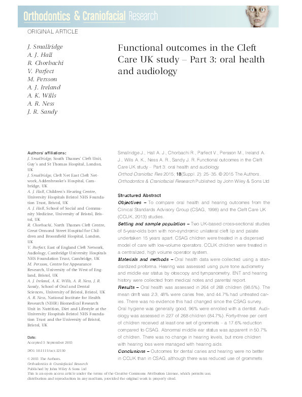 Functional outcomes in the Cleft Care UK study - Part 3: Oral health and audiology Thumbnail
