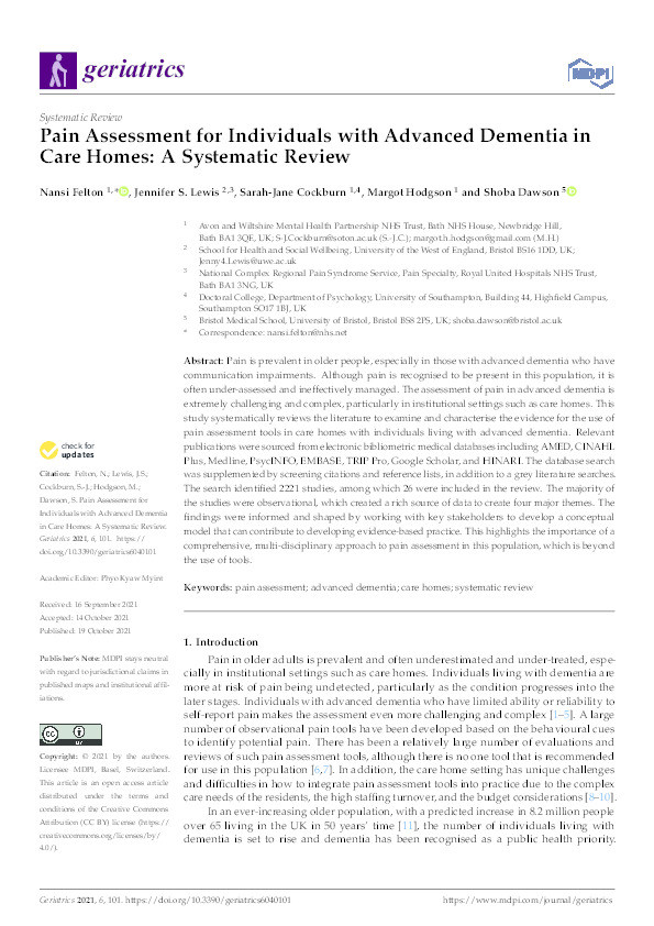 Pain assessment for individuals with advanced dementia in care homes: A systematic review Thumbnail