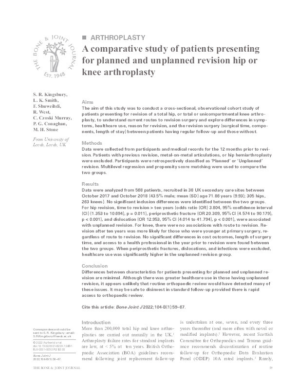 A comparative study of patients presenting for planned and unplanned revision hip or knee arthroplasty Thumbnail