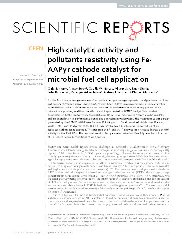 High catalytic activity and pollutants resistivity using Fe-AAPyr cathode catalyst for microbial fuel cell application Thumbnail
