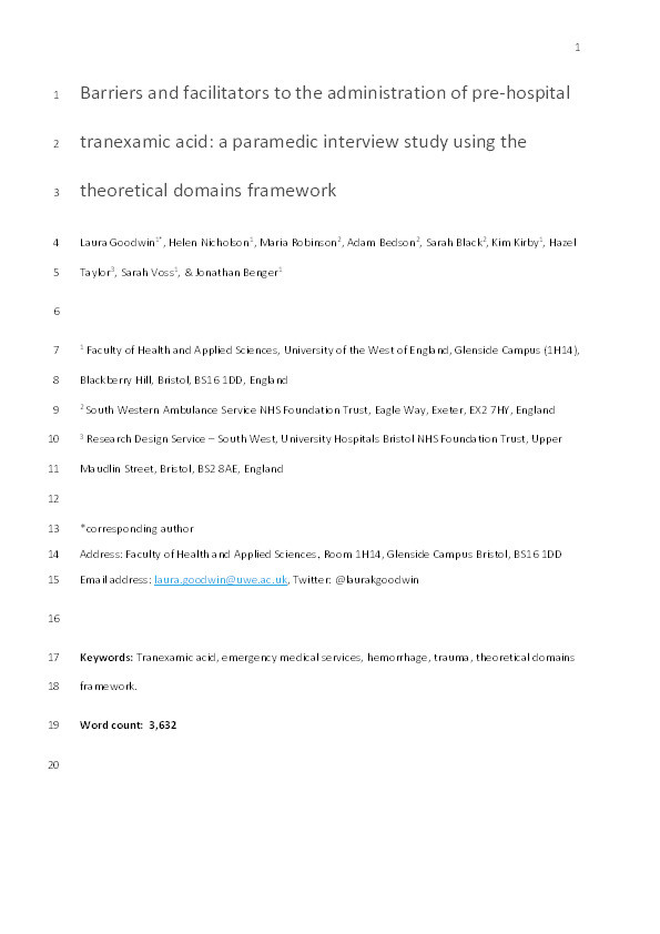 Barriers and facilitators to the administration of prehospital tranexamic acid: A paramedic interview study using the theoretical domains framework Thumbnail