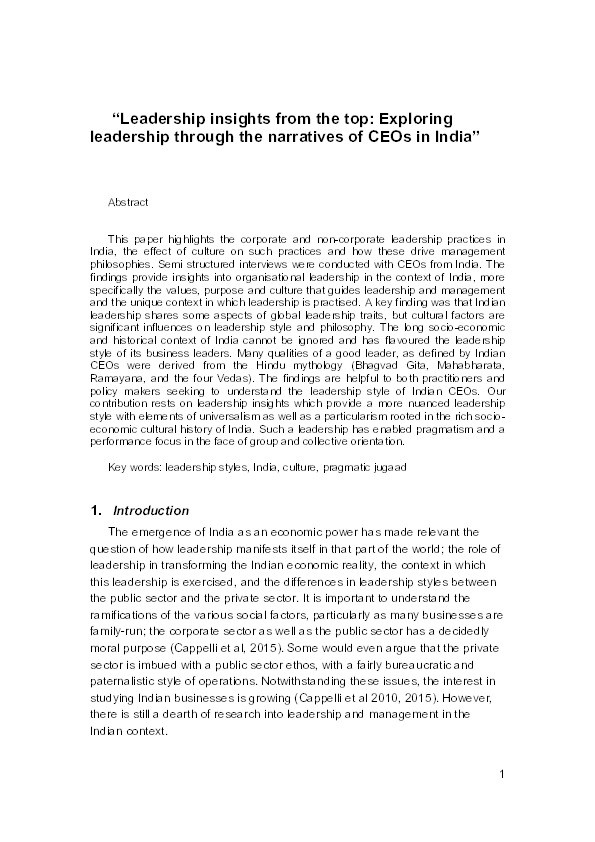 Leadership insights from the top: Exploring leadership through the narratives of CEOs in India Thumbnail