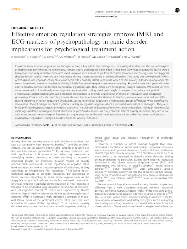 Effective emotion regulation strategies improve fMRI and ECG markers of psychopathology in panic disorder: Implications for psychological treatment action Thumbnail