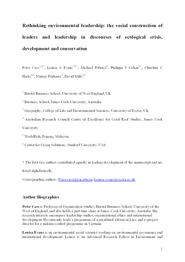 Rethinking environmental leadership: The social construction of leaders and leadership in discourses of ecological crisis, development, and conservation Thumbnail