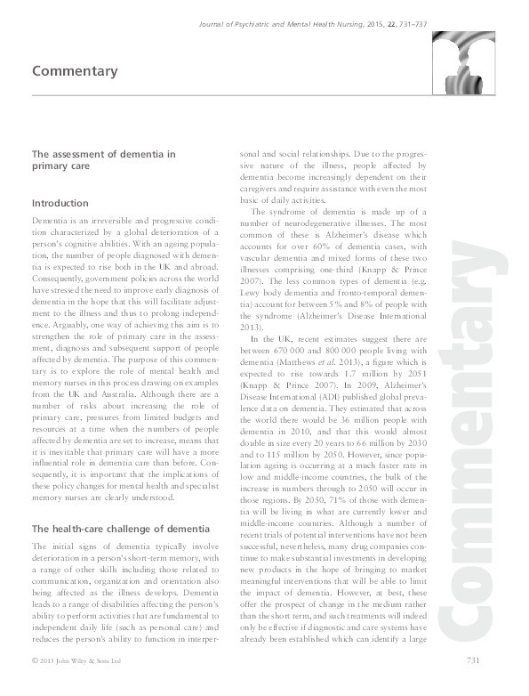 The assessment of dementia in primary care Thumbnail