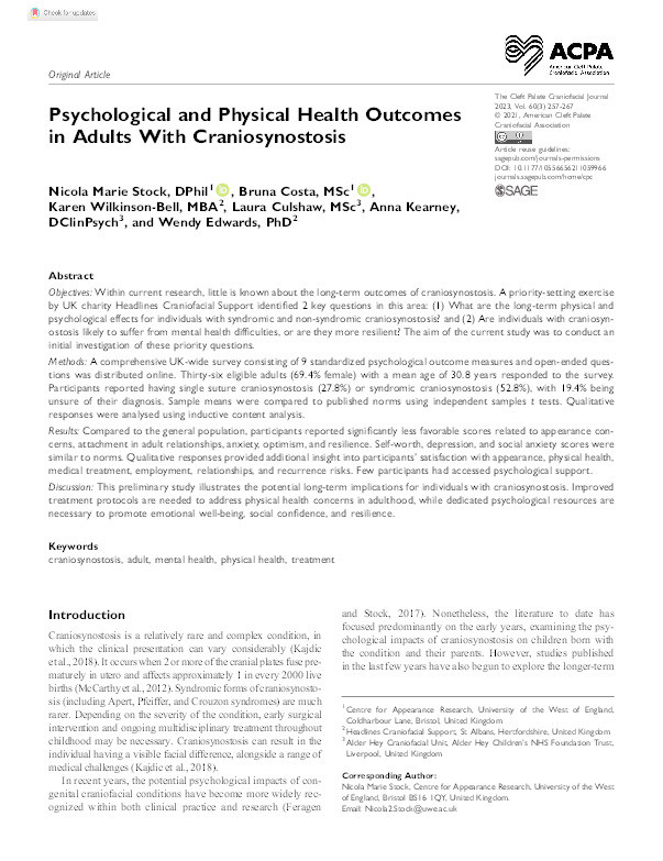 Psychological and physical health outcomes in adults with craniosynostosis Thumbnail