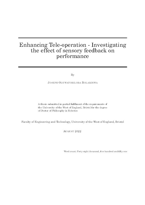 Enhancing tele-operation - Investigating the effect of sensory feedback on performance Thumbnail