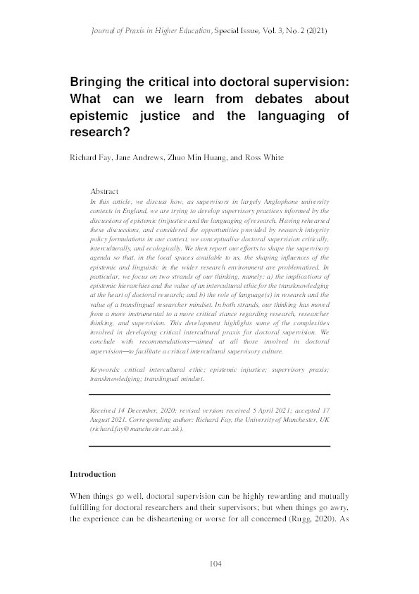 Bringing the critical into doctoral supervision: What can we learn from debates about epistemic justice and the languaging of research? Thumbnail