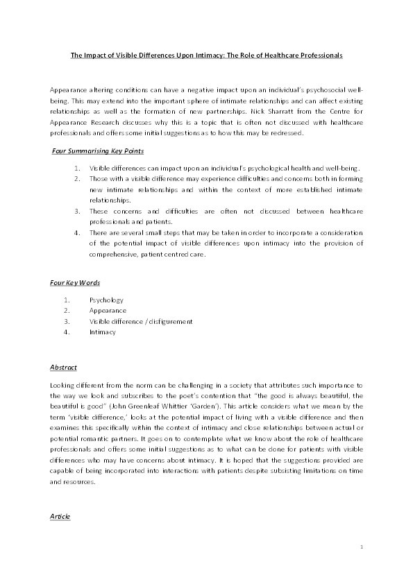 Impact of visible differences on intimacy: The role of health professionals Thumbnail