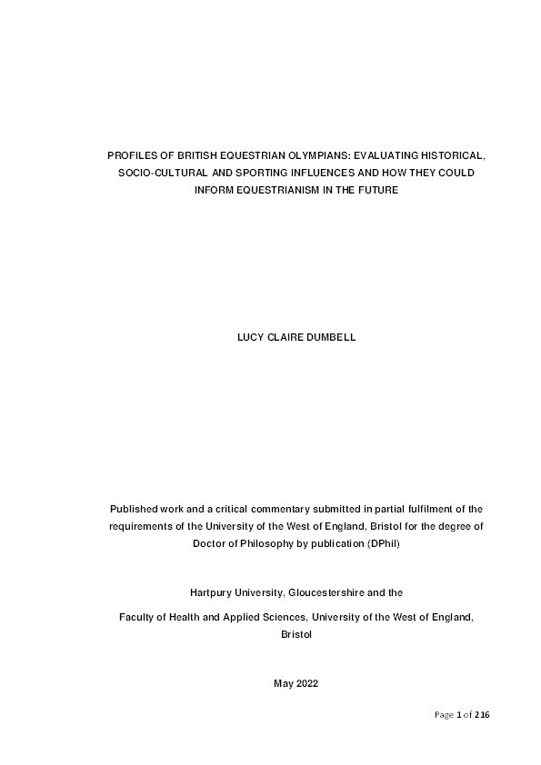 Profiles of British Equestrian Olympians: Evaluating historical, socio-cultural and sporting influences and how they could inform equestrianism in the future Thumbnail