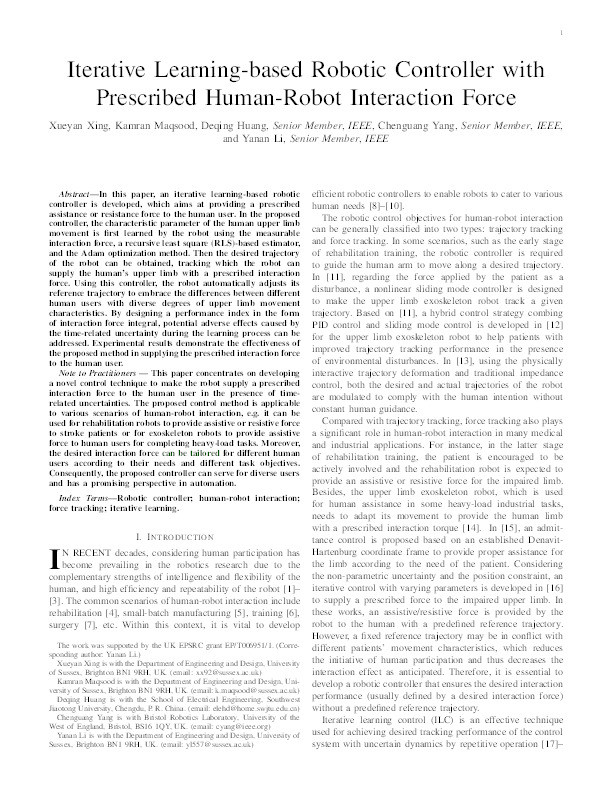 Iterative learning-based robotic controller with prescribed human-robot interaction force Thumbnail