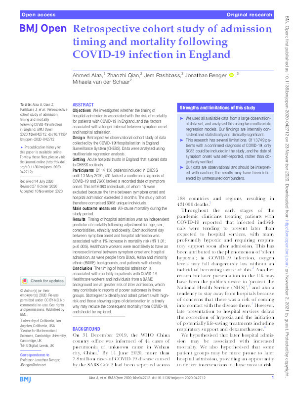 Retrospective cohort study of admission timing and mortality following COVID-19 infection in England Thumbnail