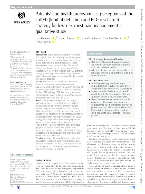 Patients' and health professionals' perceptions of the LoDED (limit of detection and ECG discharge) strategy for low-risk chest pain management: A qualitative study Thumbnail
