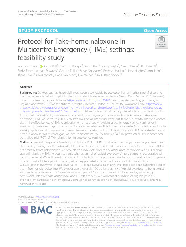 Protocol for take-home naloxone In multicentre emergency (TIME) settings: Feasibility study Thumbnail