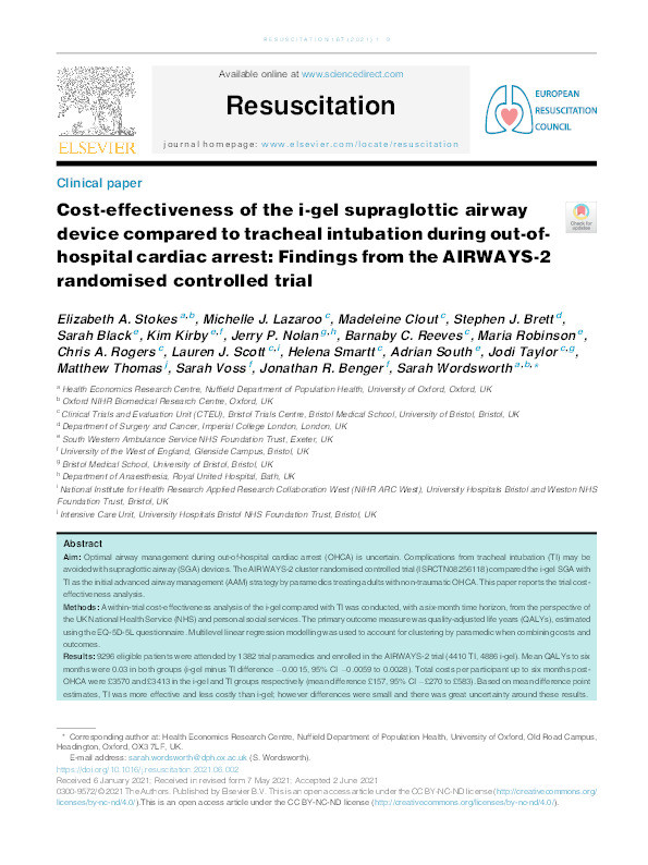 Cost-effectiveness of the i-gel supraglottic airway device compared to tracheal intubation during out-of-hospital cardiac arrest: Findings from the AIRWAYS-2 randomised controlled trial Thumbnail