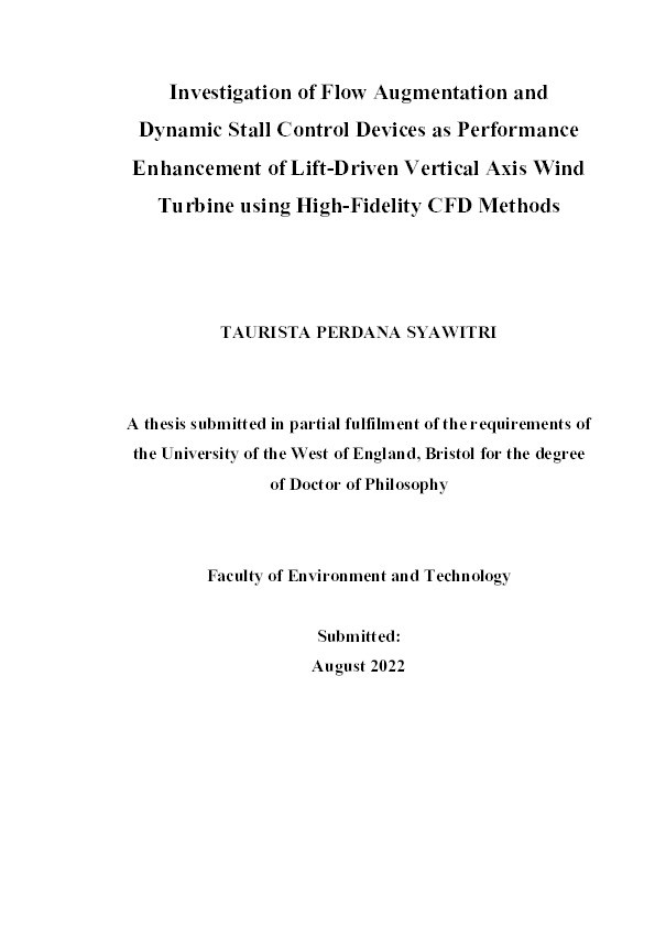 Investigation of flow augmentation and dynamic stall control devices as performance enhancement of lift-driven vertical axis wind turbine using high-fidelity CFD methods Thumbnail