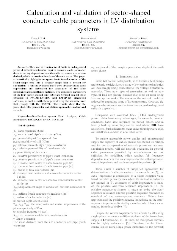 Calculation and validation of sector-shaped conductor cable parameters in LV distribution systems Thumbnail