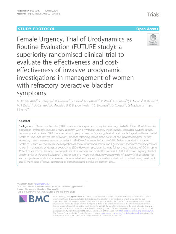 Female urgency, trial of urodynamics as routine evaluation (FUTURE study): A superiority randomised clinical trial to evaluate the effectiveness and cost-effectiveness of invasive urodynamic investigations in management of women with refractory overactive bladder symptoms Thumbnail