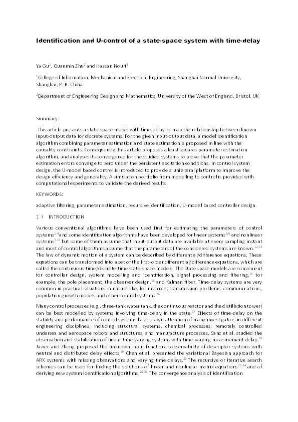 Identification and U-control of a state-space system with time-delay Thumbnail