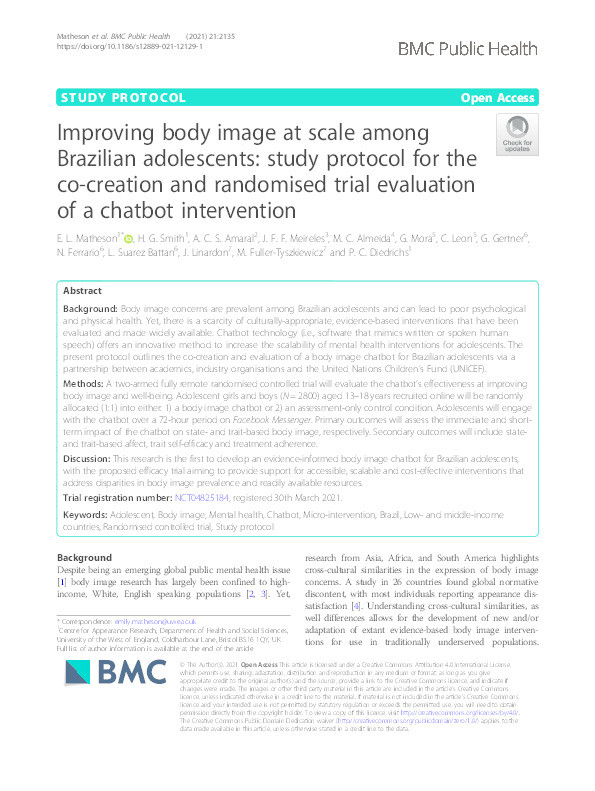 Improving body image at scale among Brazilian adolescents: Study protocol for the co-creation and randomised trial evaluation of a chatbot intervention Thumbnail