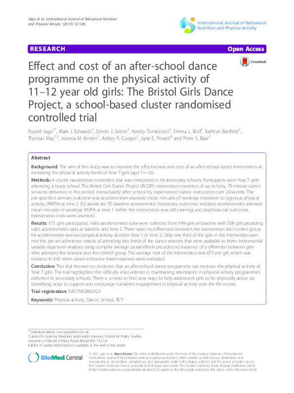 Effect and cost of an after-school dance programme on the physical activity of 11-12 year old girls: The Bristol Girls Dance Project, a school-based cluster randomised controlled trial Thumbnail