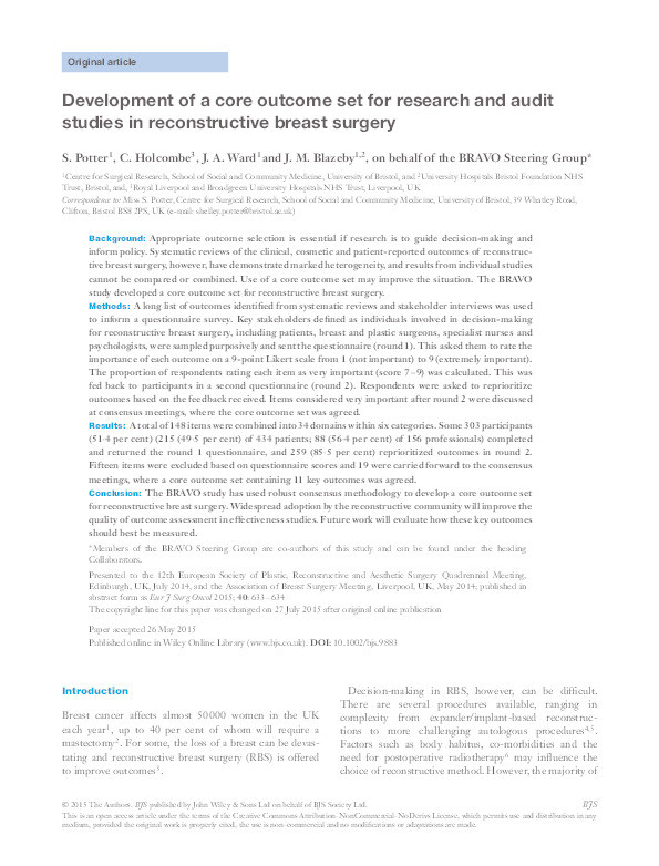 Development of a core outcome set for research and audit studies in reconstructive breast surgery Thumbnail