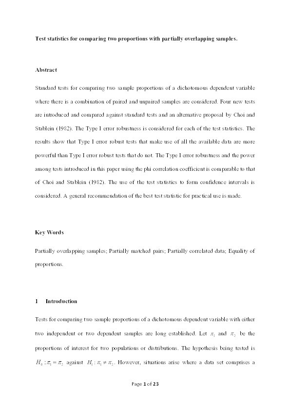 Test statistics for comparing two proportions with partially overlapping samples Thumbnail