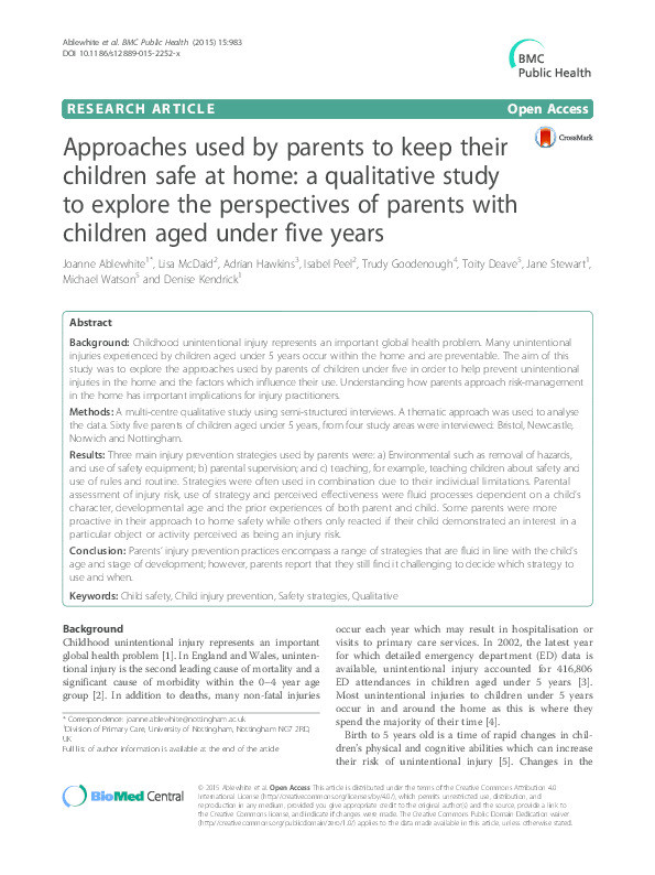 Approaches used by parents to keep their children safe at home: A qualitative study to explore the perspectives of parents with children aged under five years Thumbnail