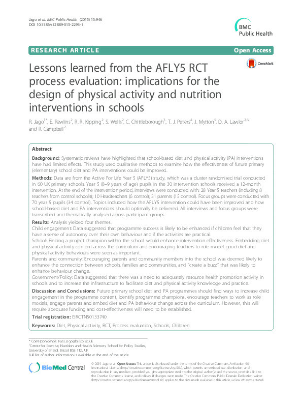 Lessons learned from the AFLY5 RCT process evaluation: Implications for the design of physical activity and nutrition interventions in schools Health behavior, health promotion and society Thumbnail
