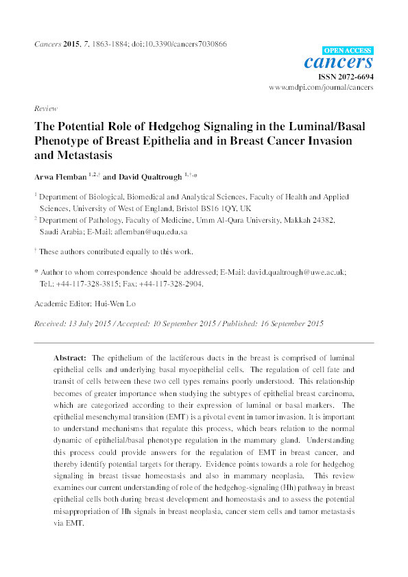 The potential role of hedgehog signaling in the luminal/basal phenotype of breast epithelia and in breast cancer invasion and metastasis Thumbnail