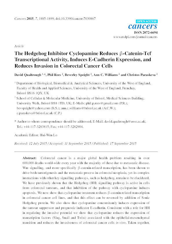 The hedgehog inhibitor cyclopamine reduces β-catenin-Tcf transcriptional activity, induces E-cadherin expression, and reduces invasion in colorectal cancer cells Thumbnail