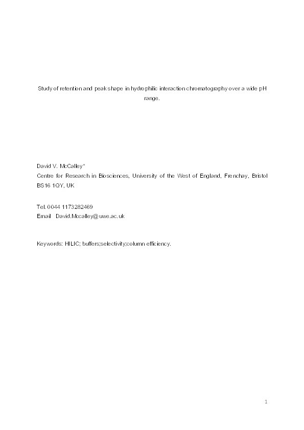 Study of retention and peak shape in hydrophilic interaction chromatography over a wide pH range Thumbnail