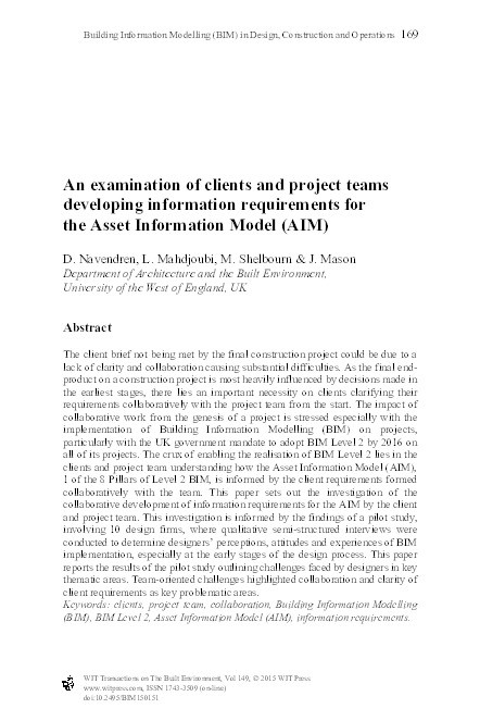 An examination of clients and project teams developing information requirements for the Asset Information Model (AIM) Thumbnail